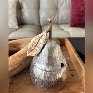 Discontinued Michael Aram Nickel Plated Pear Honey Pot Brass Leaf Brown Enamel